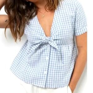 Rails Blue Gingham Linen Blend Tie Front Peplum Top Blouse Medium